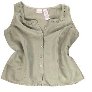 Linen Blend Sleeveless Button Up Top Eyelet Cutouts Neck S by Cherokee #354P